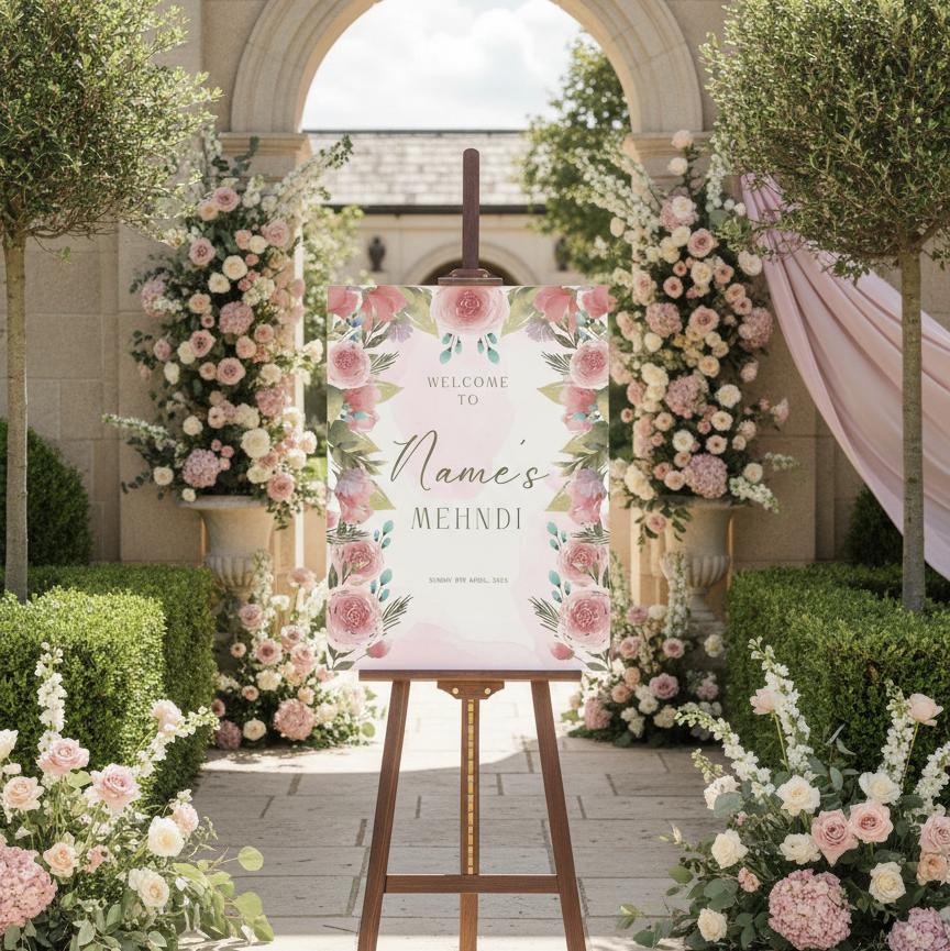 A wedding welcome sign on a wooden easel in an outdoor garden courtyard. The sign has a pink background with floral borders and the text 'Welcome to Name's Mehndi'.