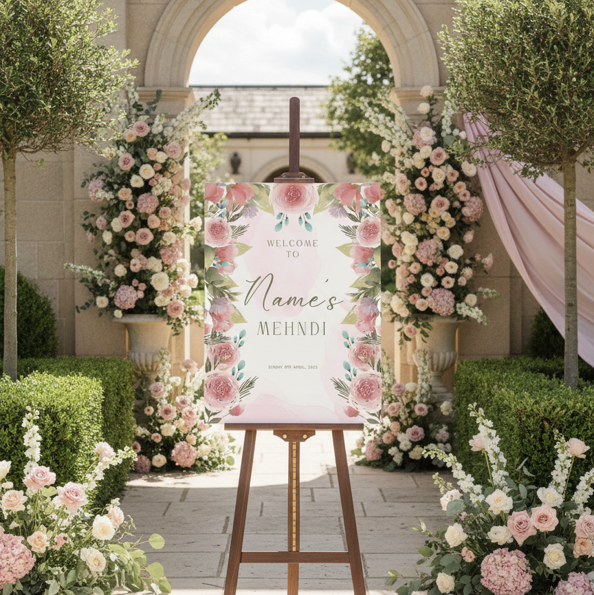 A wedding welcome sign on a wooden easel in an outdoor garden courtyard. The sign reads 'Welcome to Name's Mehndi' with pink floral illustrations around the border.