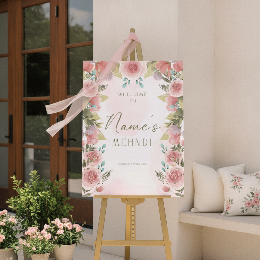 A floral wedding sign on a gold easel stand in a bright indoor-outdoor seating area. The sign has pink and peach watercolor flowers, green leaves, and a pink ribbon bow, with the text 'WELCOME TO Name's MEHNDI'.