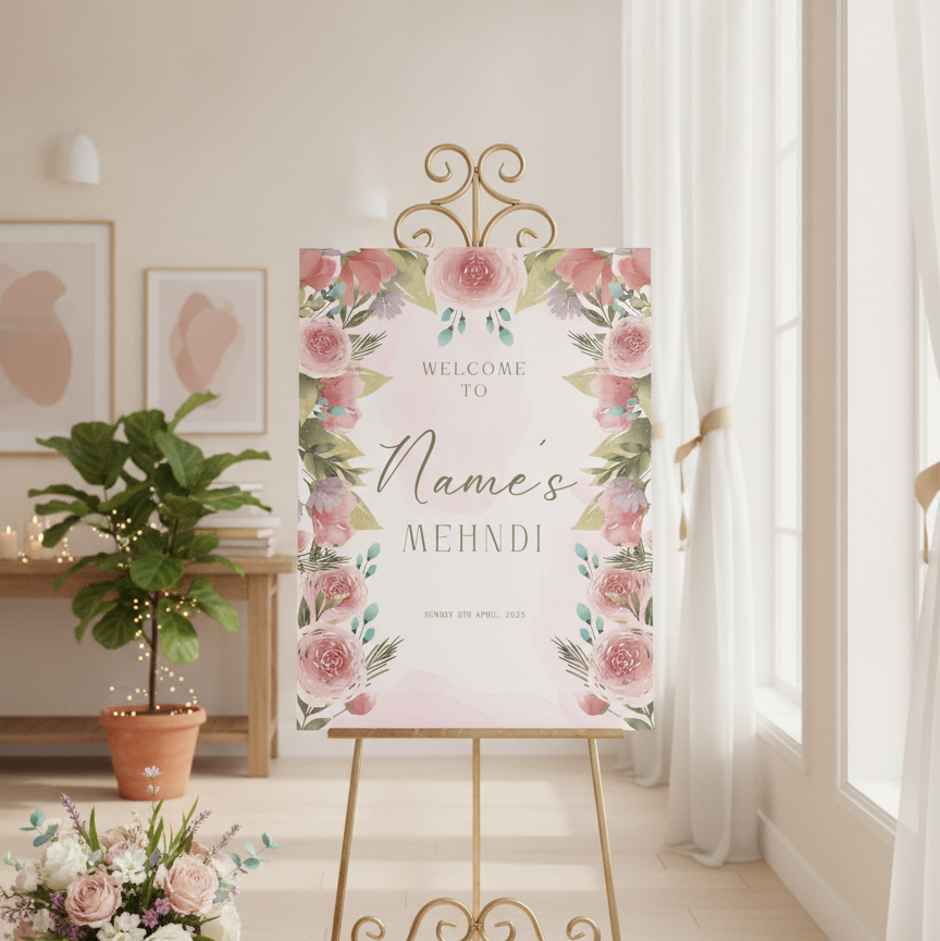 A personalized wedding welcome sign with a pink floral border and gold script text, displayed on a gold metal easel in a bright, modern wedding venue.