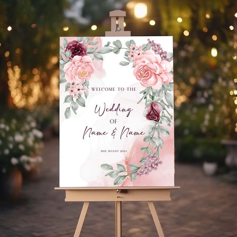 PINK ROSES Welcome Sign, Printed Sign A1, A2, A3 or A4, Wedding Sign, Pink Peach Purple Roses, Personalised Wedding Welcome Sign