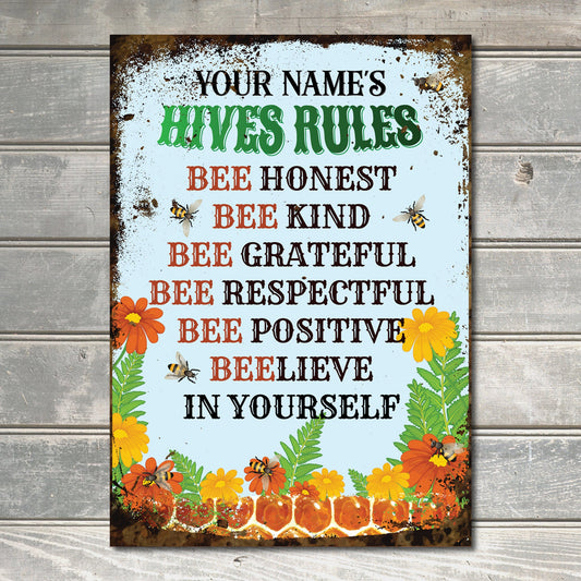 PERSONALISED Honey Bee Hives Rules Sign Custom Gift Wall Art Decor Metal Plaque