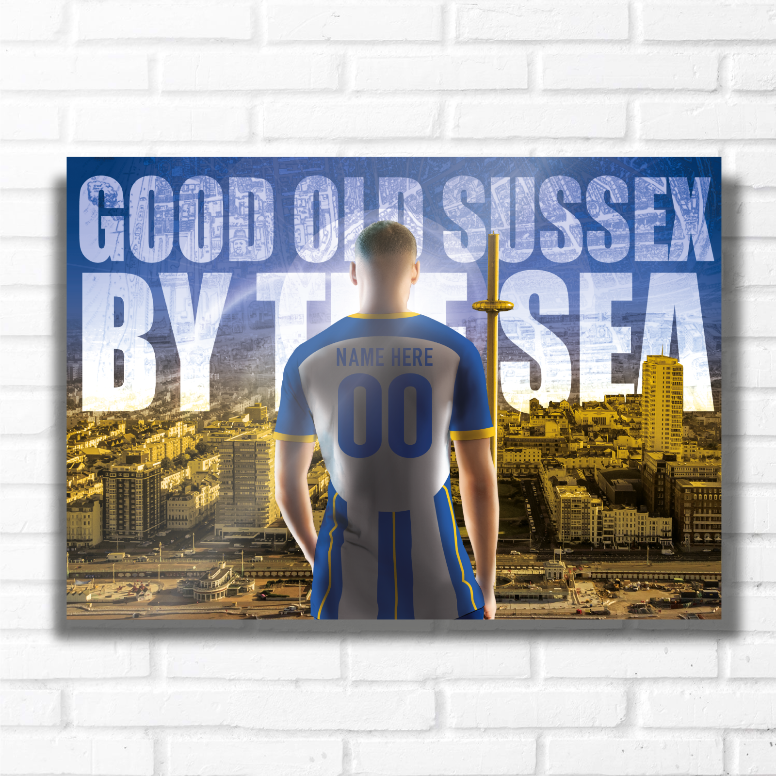 PERSONALISED FOOTBALL TEAM BRIGHTON BLUE AND WHITE Name and Number Metal Plaque Sign Studio Man-Cave Bedroom Wall Art Decor