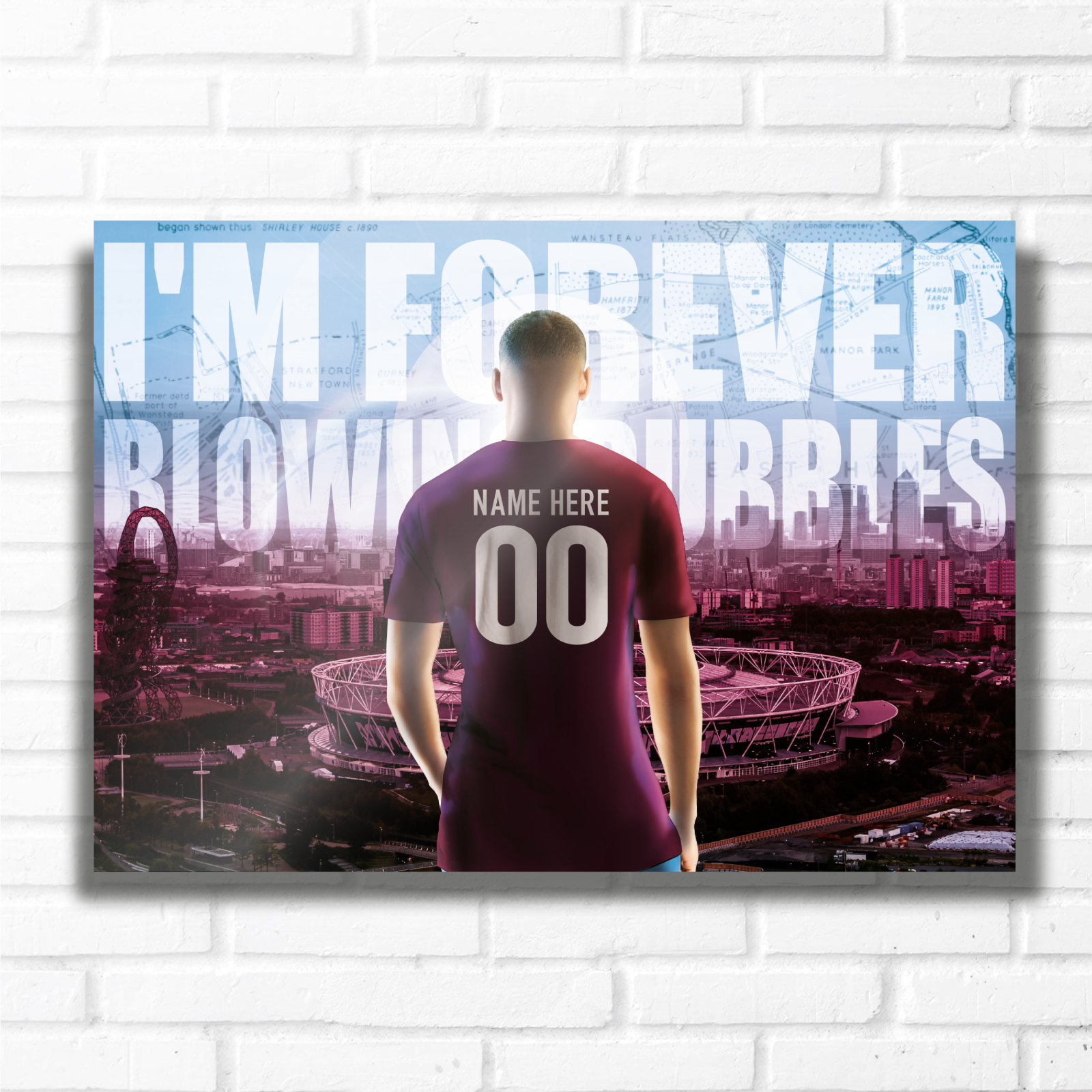 PERSONALISED FOOTBALL TEAM LONDON CLARET & BLUE Name and Number Metal Plaque Sign Studio Man-Cave Bedroom Wall Art Decor