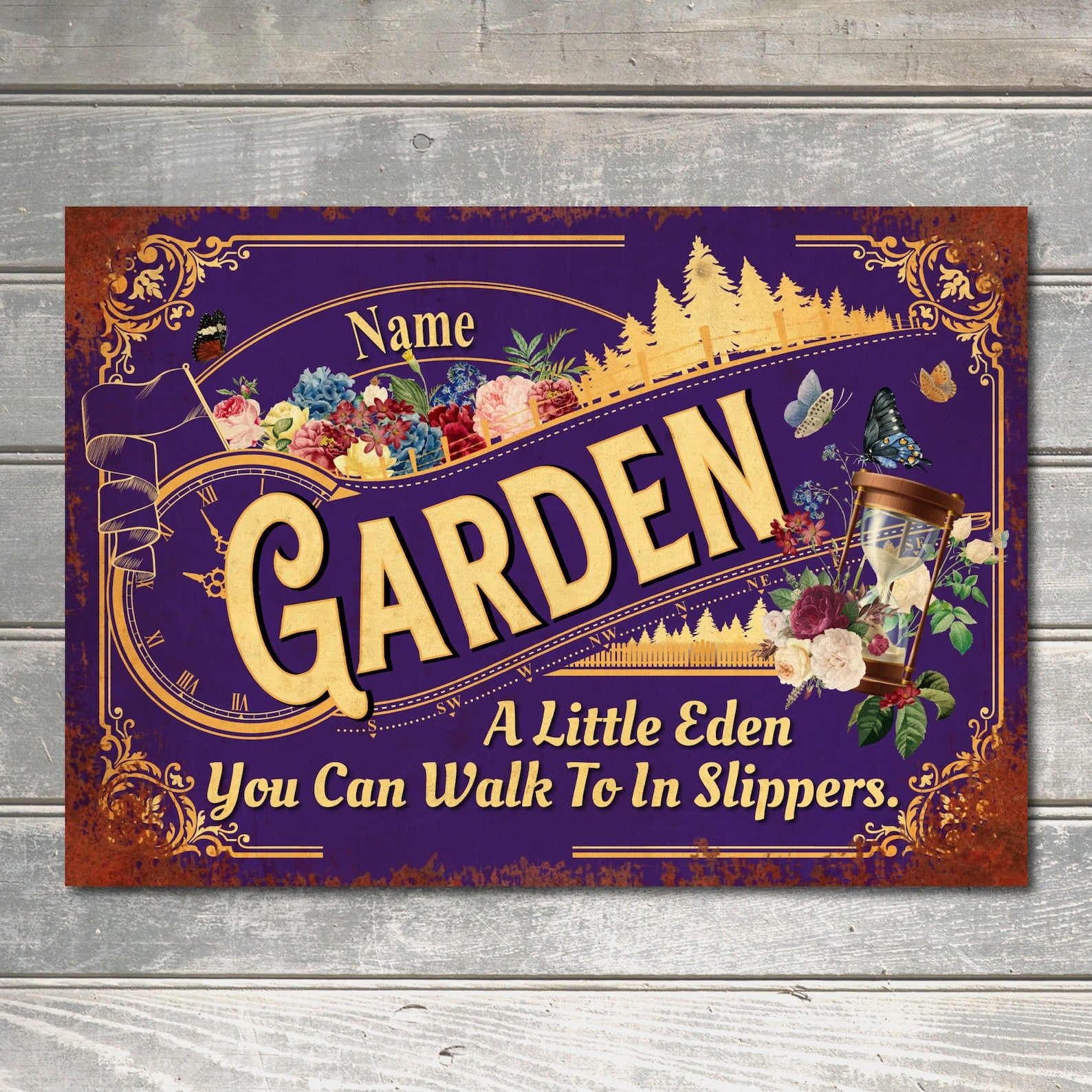 PERSONALISED Garden Sign Metal Outdoor Wall Door Fence Decor Accessory Plaque Gold Yellow Blue Green Purple Red Rustic Effect 0122