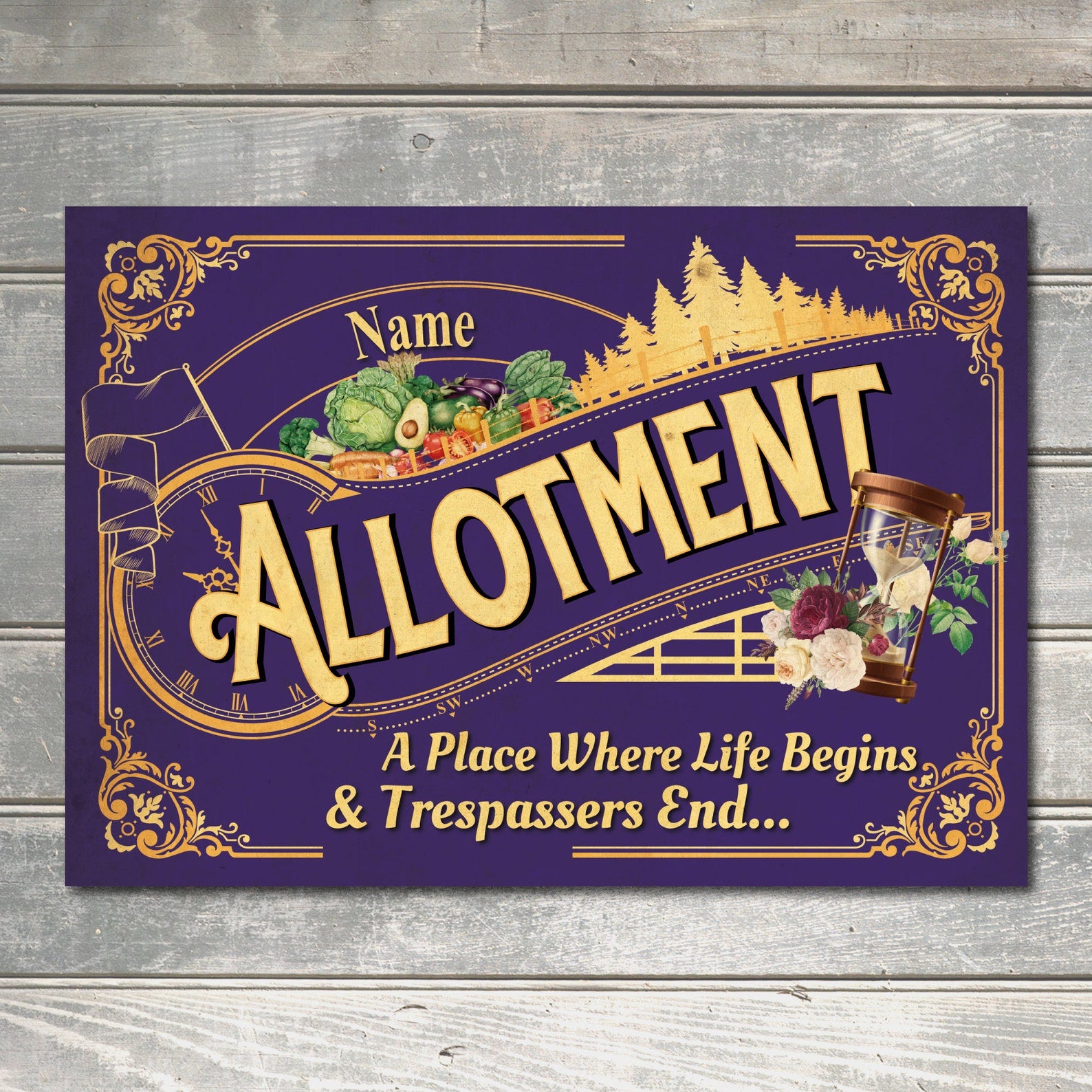 Personalised Allotment Sign Metal Garden Vegetable Patch Gold Yellow Purple Red Blue Green Rustic Effect Wall Door Decor Plaque 0254-B