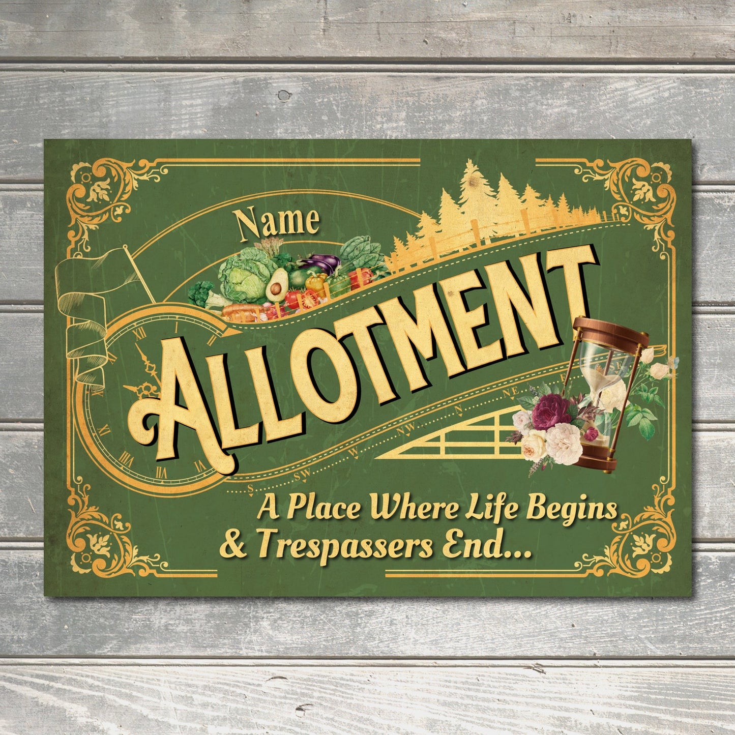 Personalised Allotment Sign Metal Garden Vegetable Patch Gold Yellow Purple Red Blue Green Rustic Effect Wall Door Decor Plaque 0254-B