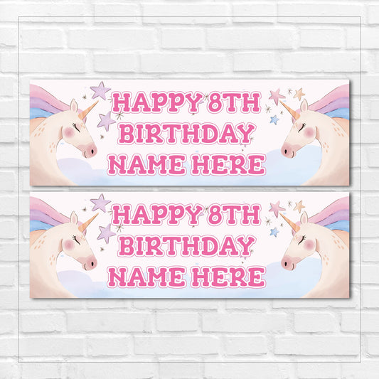 Set of 2 Personalised Unicorn Birthday Party Banners - Any Name or Age - Children Girls Kids Party Supplies Decor