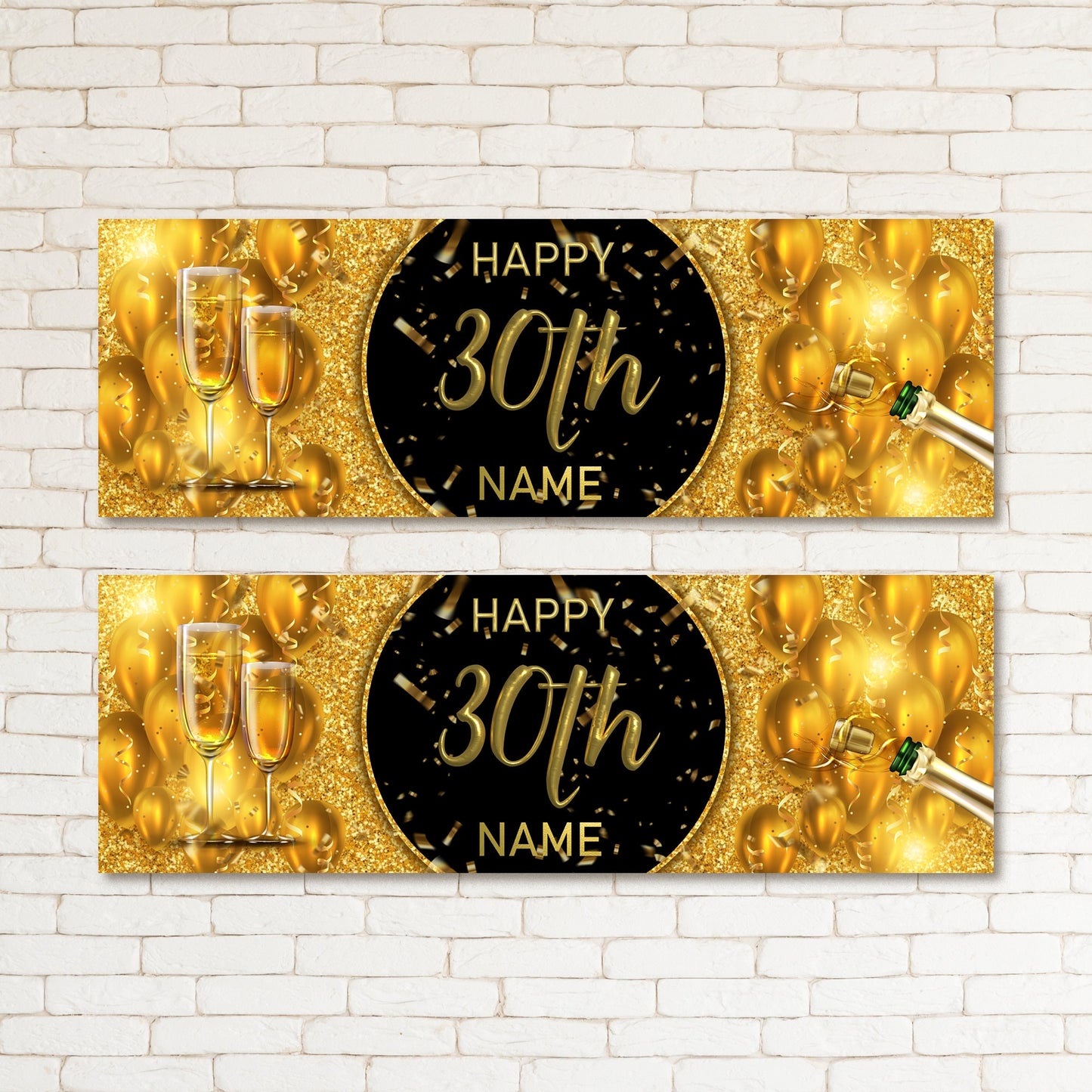 Set of 2 Personalised Black Gold Kid & Adult Birthday 30TH Party Banner Event Wall Decor