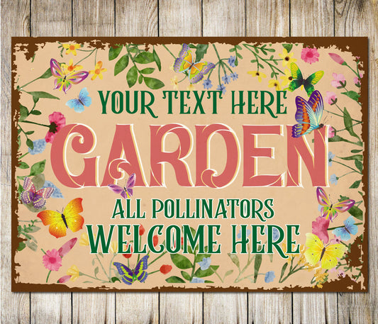 PERSONALISED Garden Pollinators Welcome Here Custom Sign Wall Decor Metal Plaque