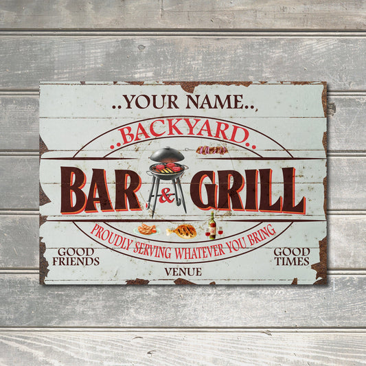 PERSONALISED Backyard BBQ Bar and Grill Outdoor Grilling Sign Friends Family Custom Decor Metal Plaque 0266-B