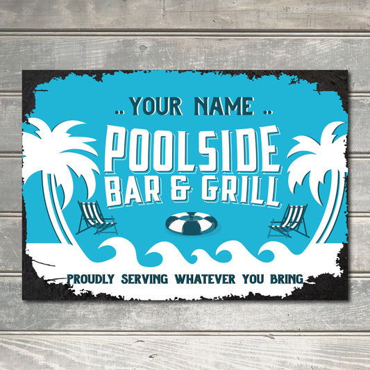PERSONALISED Poolside BBQ Bar and Grill Outdoor Grilling Sign Friends Family Custom Decor Metal Plaque 0120-B