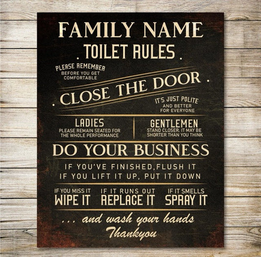 PERSONALISED Toilet WC Sign Metal Wall Door Signage Washroom Rule Vintage Plaque Black 0141