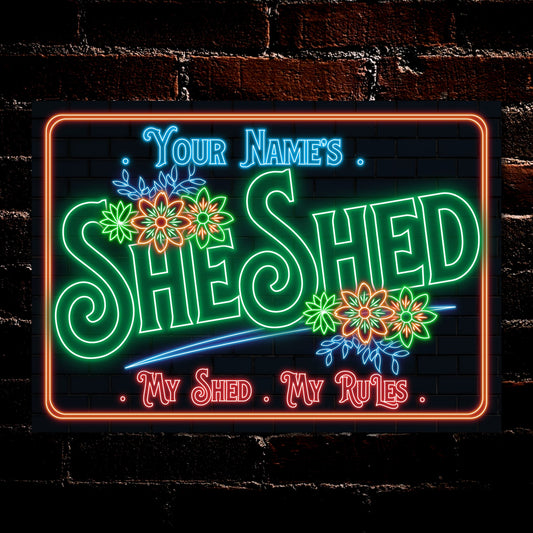PERSONALISED She Shed Metal Plaque Garden Door Accessory Neon Effect Signs Wall Décor 0515