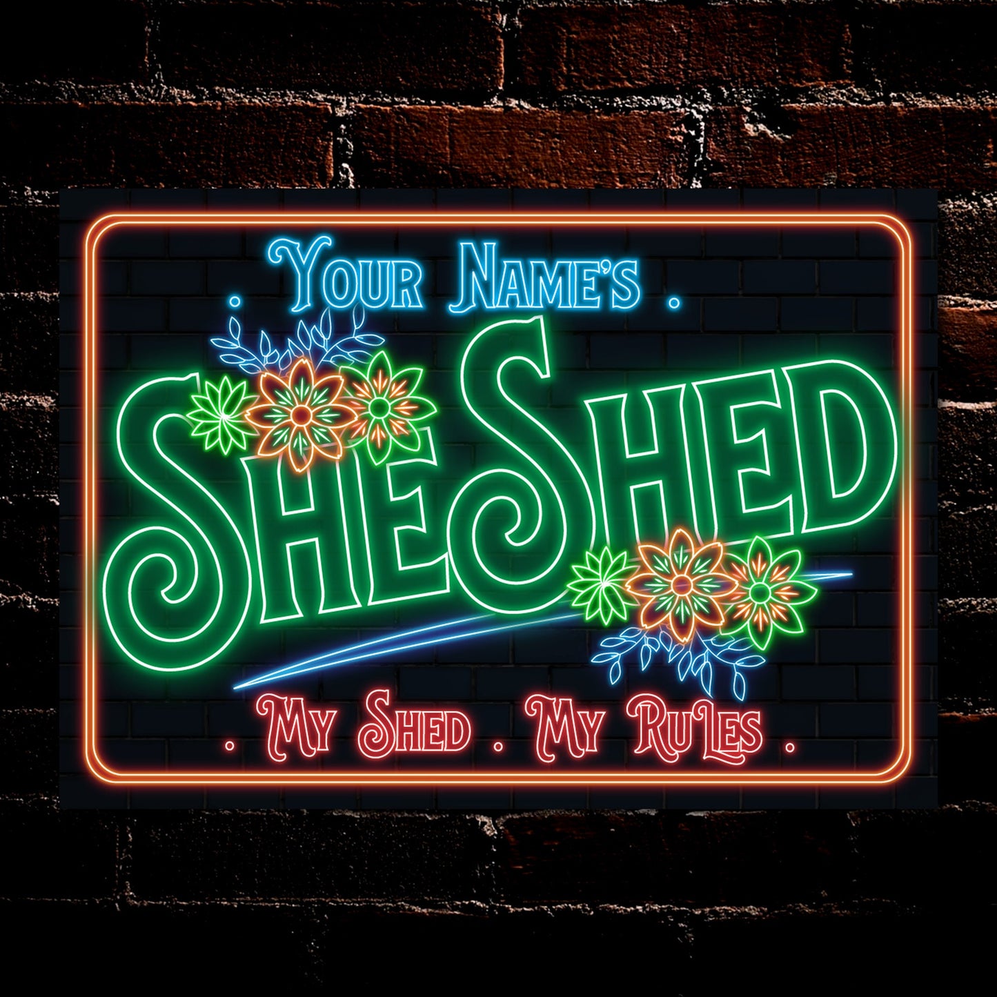 PERSONALISED She Shed Metal Plaque Garden Door Accessory Neon Effect Signs Wall Décor 0515