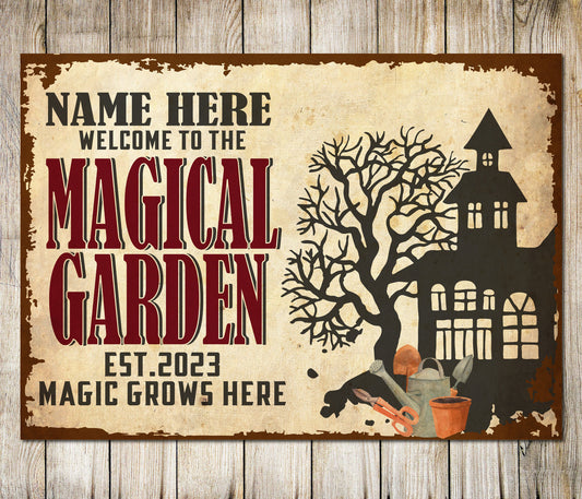 PERSONALISED Witch Garden Magic Grows Here Custom Wall Sign Decor Metal Plaque